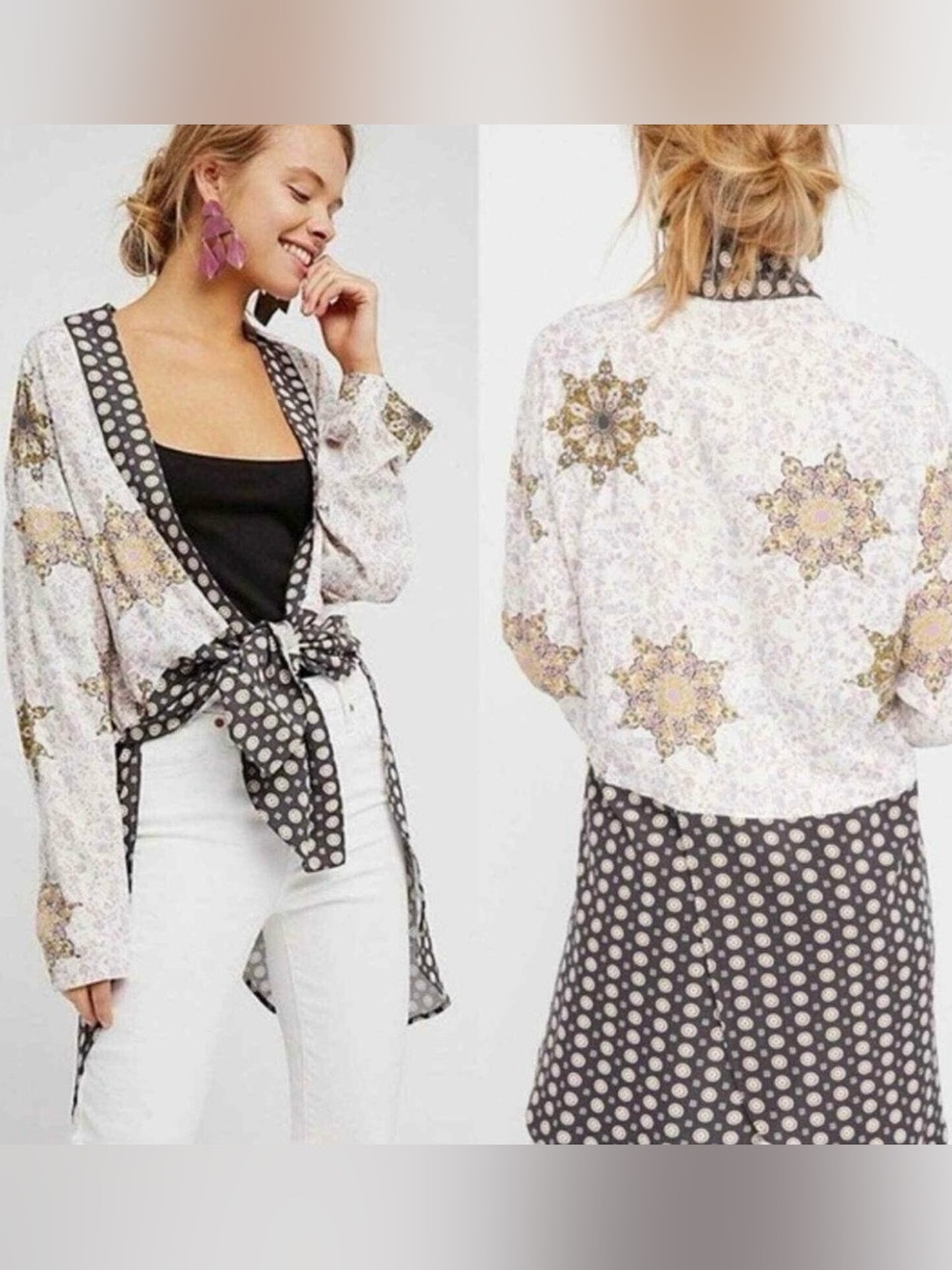 Free People Forget Me Knot Printed Kimono Cardigan Boho Festival Open Front M